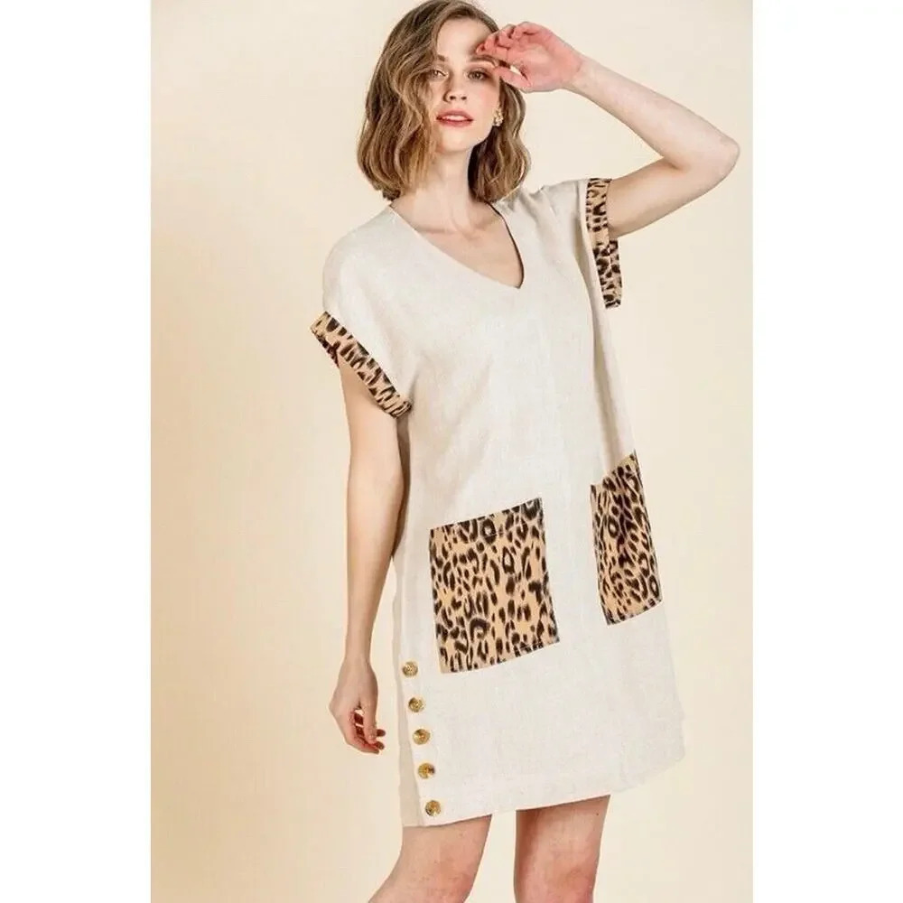 Umgee Animal Print Trim/Pockets Linen Blend Size Small Mini Shift Dress Women’s